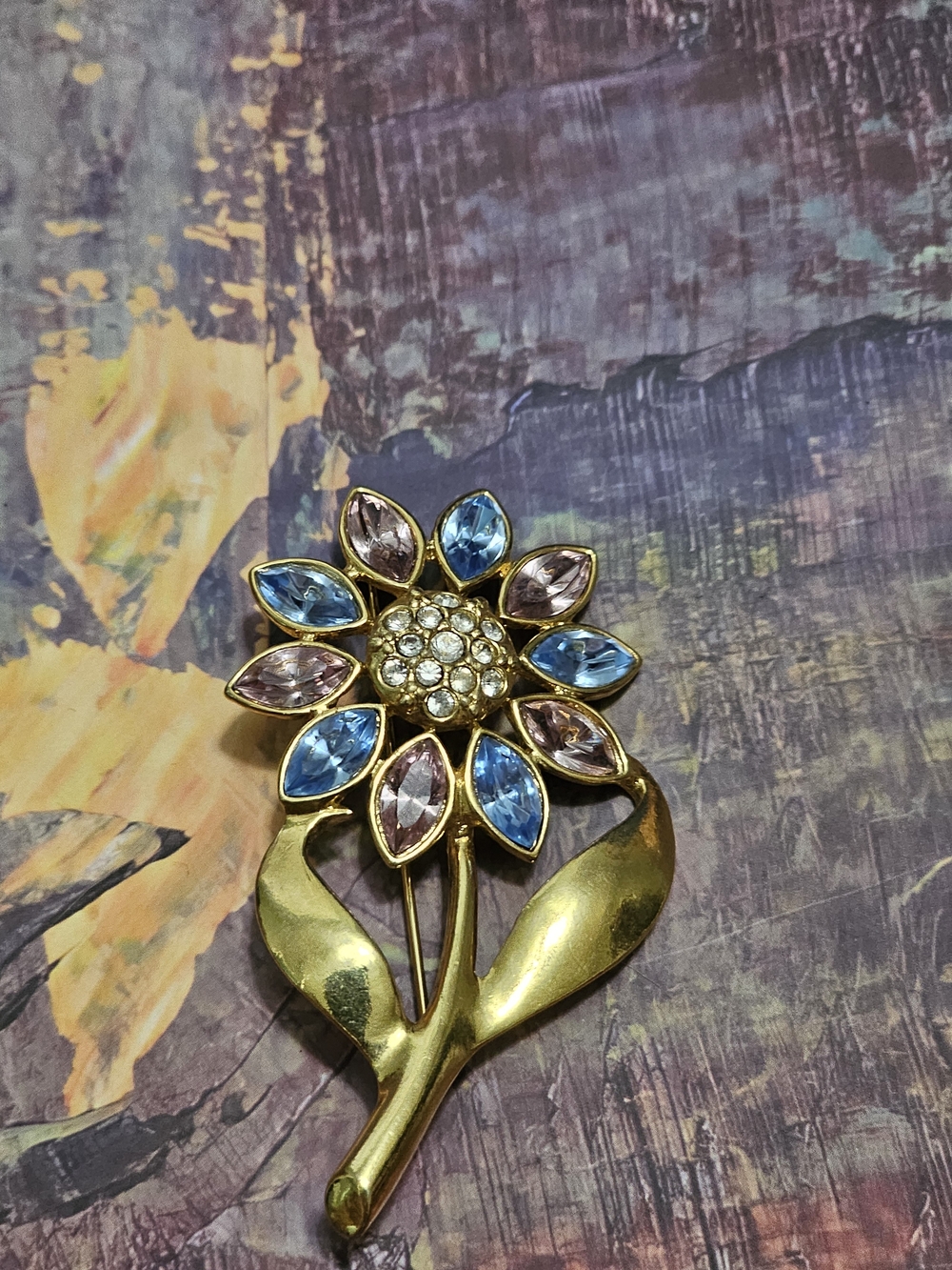 Gold-Tone Floral Brooch with Blue and Pink Rhinestones